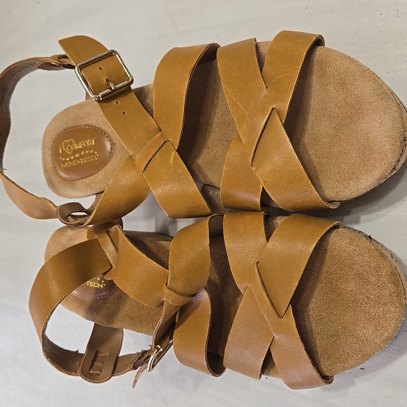 I Love Comfort Cross Strap Sandal  Tan Size 8 Cork 3in. Heel - Picture 1 of 7